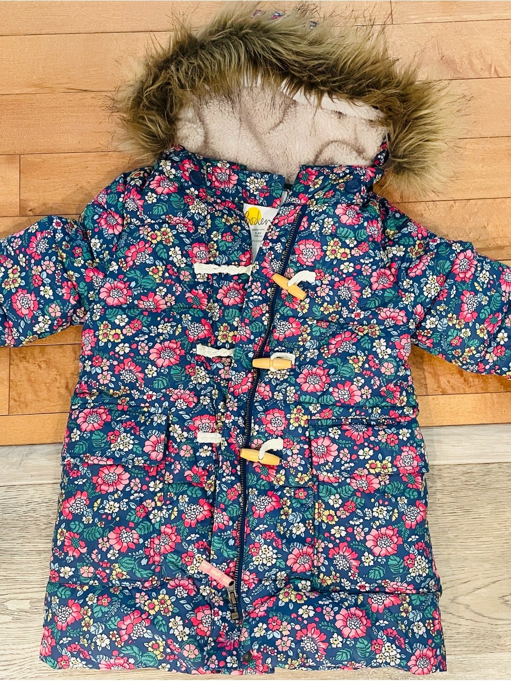 Mini Boden Navy Floral Puffer Coat with Faux-Fur Trim